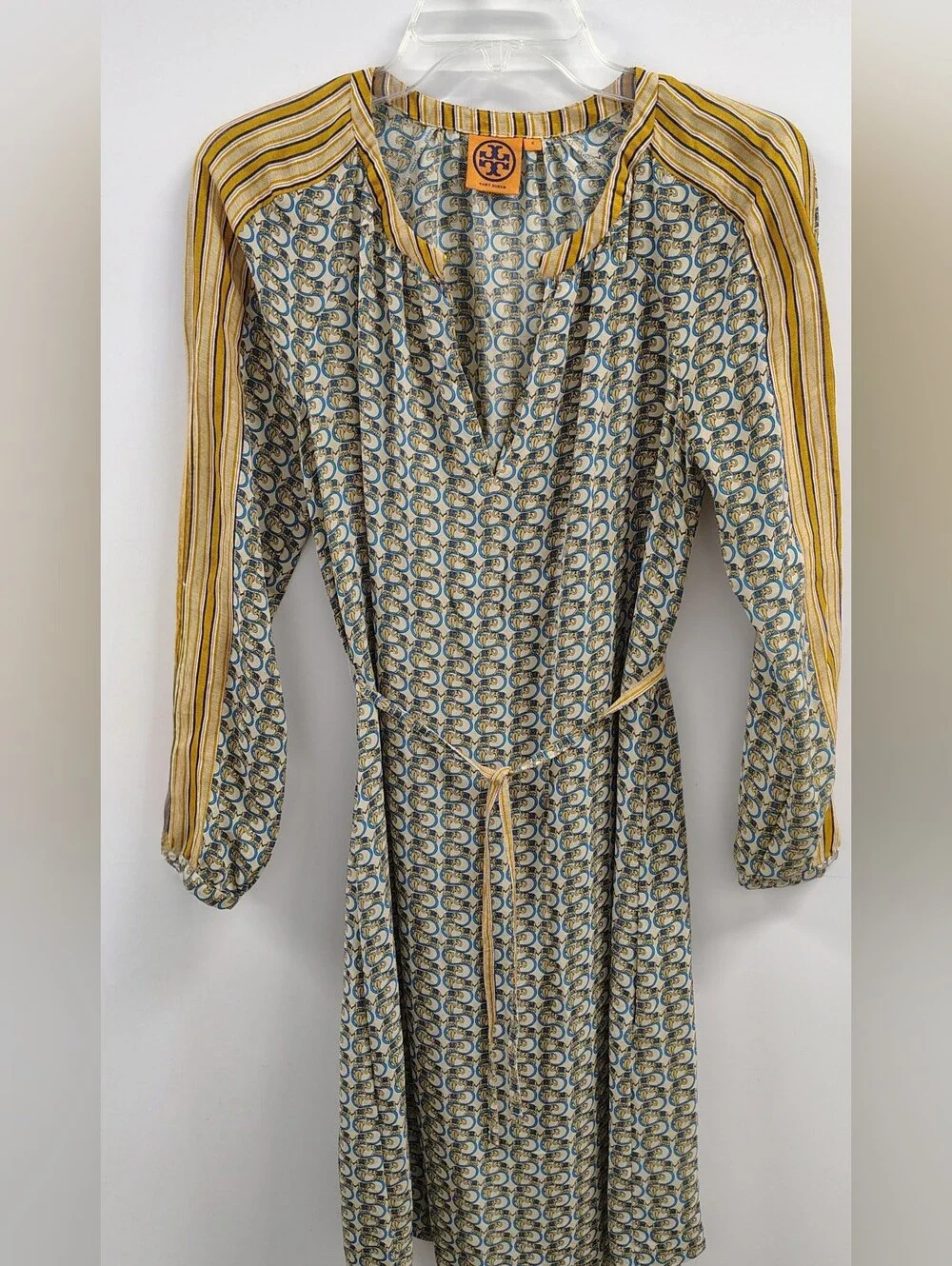 Tory Burch Silk Long-sleeve Relaxed Dress Ties  Waist w Grey Blue Elephants Sz 6